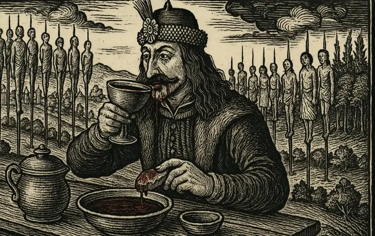 Ortaçağ gravüründe Vlad Tepeş bir masada oturmuş, elindeki kadehten içerken ekmeğini kan dolu bir kaseye banıyormuş gibi resmedilmiş; arka planda kazığa geçirilmiş insanların sıralandığı bir manzara görülüyor.